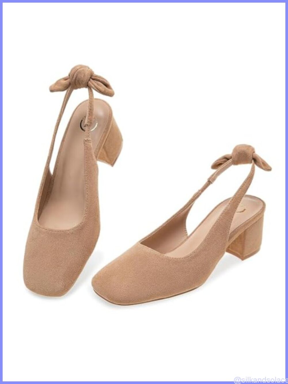 Women's Slingback Pumps Block Heel Square Toe Faux Suede Bow Formal